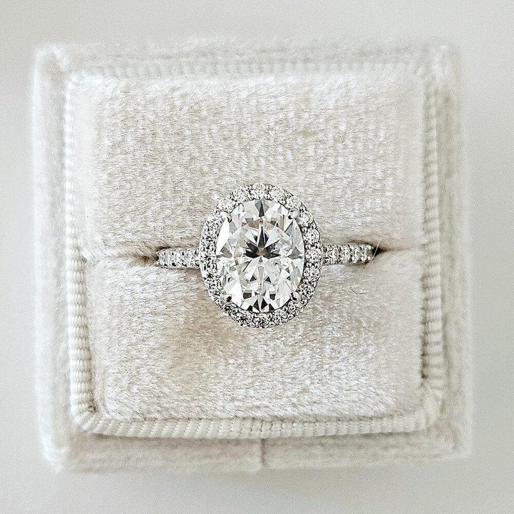 2 CT Oval Cut Moissanite Ring, Size 6, White Gold, Pave band, Halo, engagement